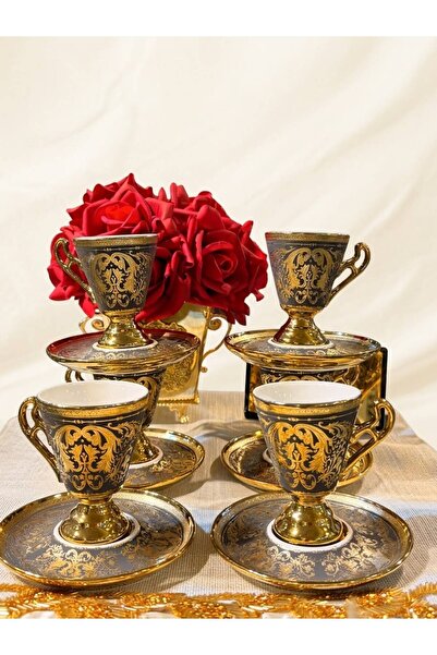 DecoZel Gold İşlemeli Klasik Osmanlı Motifli 6'lı Kahve Fincan Takımı Premium...
