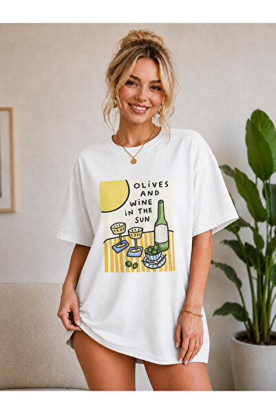 FECCY Premium Olives Printed Oversize Women's T-Shirt Cotton Oversize T-Shirt
