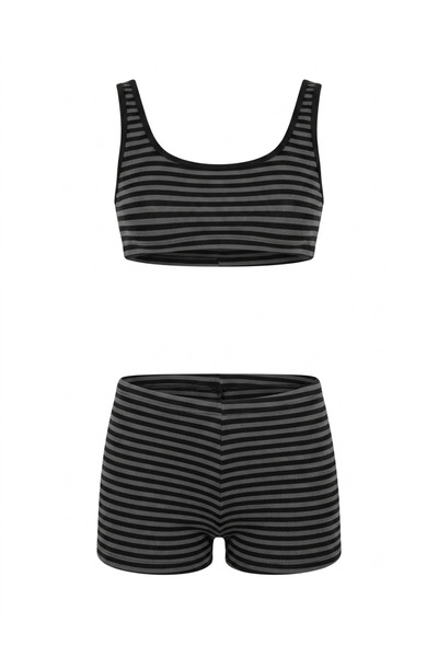 AQUELLA Gray Black Stripe Bustier Shorts Set