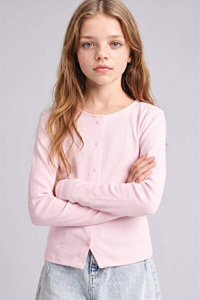 DeFacto Fitted Buttoned Collar Ribbed Long Sleeve Light Blue T-Shirt Girls I1...