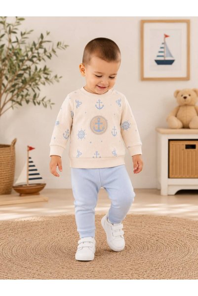 derin baby طقم أطفال منقوش بنمط الكابا مصنوع من القطن بنسبة 100% وذو ملمس ناع...