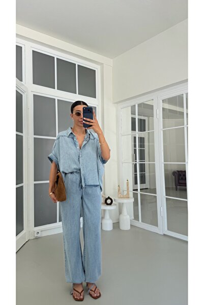 GAUS CO Mavi Gömlek Ayarlanabilir Pantolon İkili Tencel Denim Takım GAUS-01771