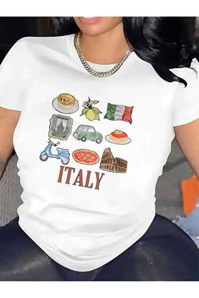 01THEONE تي شيرت نسائي بتصميم إيطالي - قميص خفيف الوزن بأكمام قصيرة وطباعة عل...