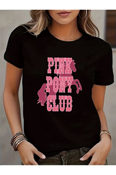 En22 Women'S Pink Horse Club Graphic T-Shirt - Crew Neck Short Sleeve Top, Fa...