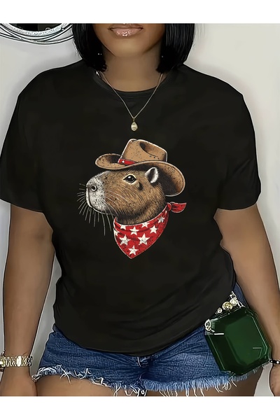 212Wear تي شيرت نسائي بأكمام قصيرة وياقة مستديرة مع طباعة كابيبارا، قابل للغس...