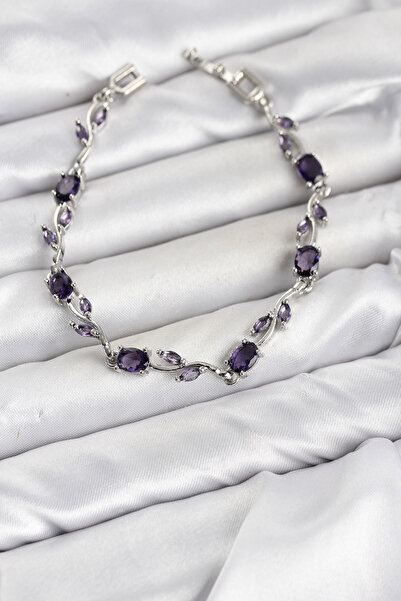 OGHAMAY Brass Silver Color Purple Zircon Stone Flower Model Women's Bracelet
