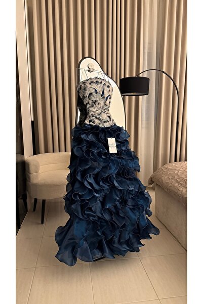 Nareen Fashion Luxurious Navy Blue Evening Gown with Embroidered Corset and F...