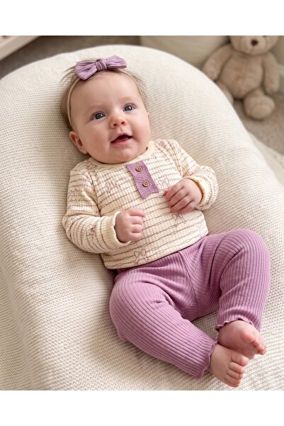 Egelite 100% Cotton 0-3-6-9-12 Months Baby Girl Ribbed Bow Detailed Thin Seas...