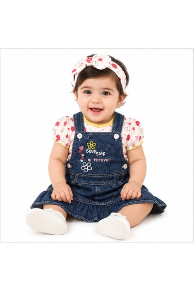 Generic Girl's Denim Dress with Floral Print Blouse, Size 12 Months