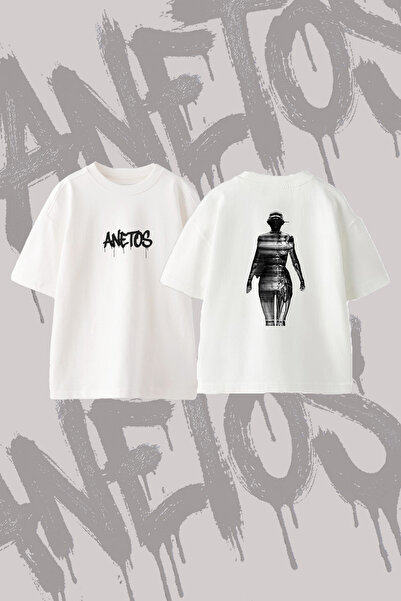 Anetos Cyborg Woman Design Back Printed Cotton White Oversize T-Shirt