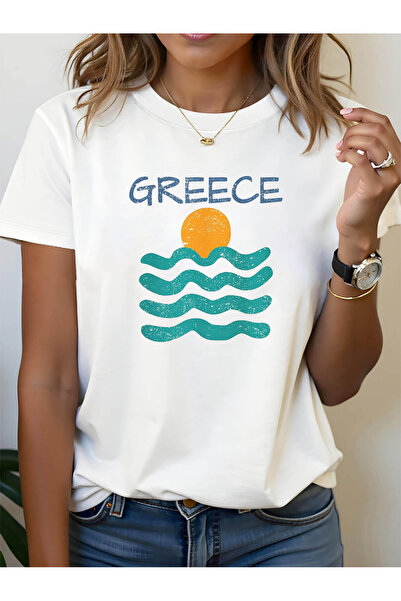 En22 تي شيرت بطباعة جرافيكيّة من GREECE، قميص كاجوال بأكمام قصيرة وياقة دائري...