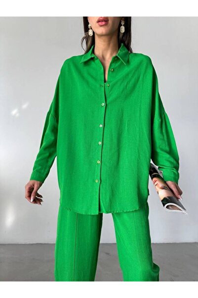 My Blog Green Linen Oversize Shirt - 5019