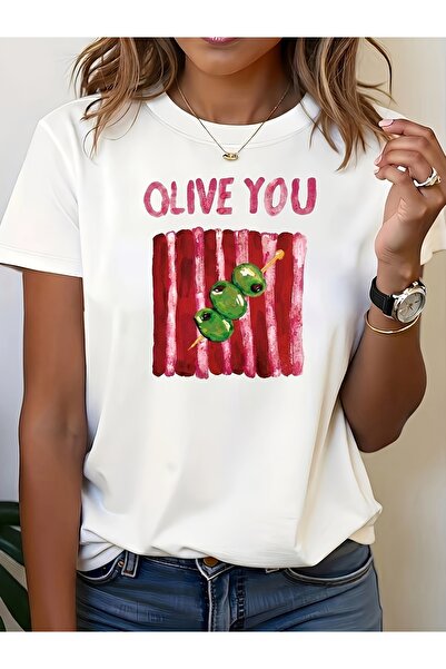 Astogria13 تي شيرت نسائي، بطبعة "Olive" و "I Love You" بنمط ألوان مائية، أبيض...