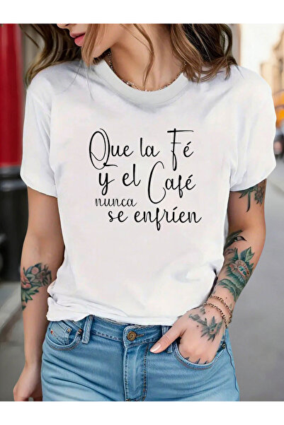 Astogria13 تي شيرت نسائي مطبوع عليه عبارة "Que La Fe Y El Cafe Nunca Se Enfri...