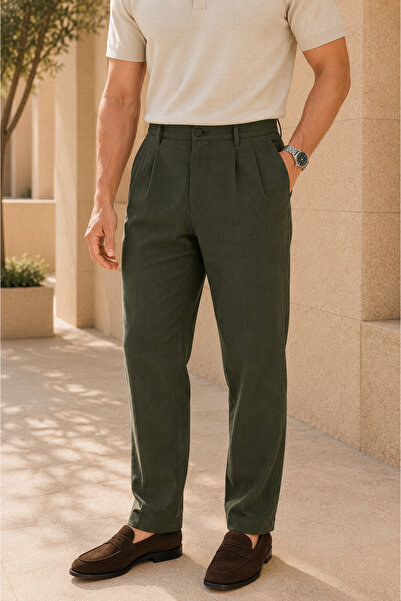 Polo State Men's Regular Fit Linen Textured Double Pleated Summer Trousers - ...