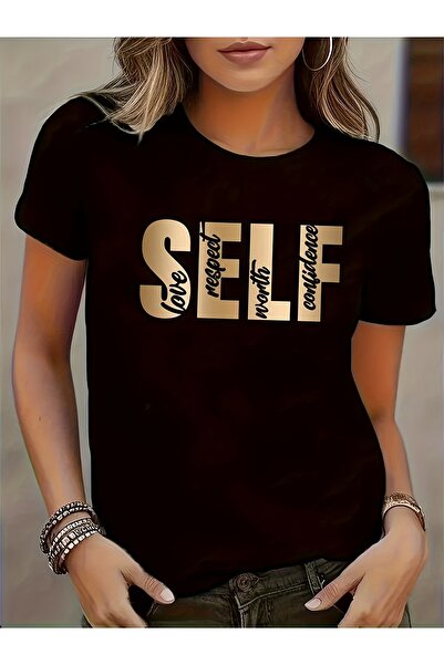 Astogria13 تي شيرت نسائي أسود بطبعة "Self Love" - قميص كاجوال برقبة دائرية وأ...