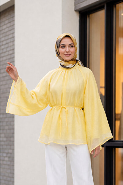 Kukini Hakim Yaka Kemerli İspanyol Kol Oversize Liyosel Tunik - Sarı