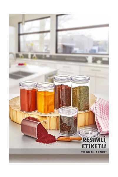 AiroBazar 6-Piece Acrylic Vacuum Square Spice Container Set 300 ml Labeled Le...