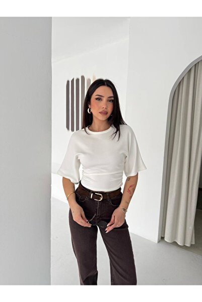 Jöns Butik Women's Drawstring Detailed Crop T-Shirt – Short Sleeve Basic Blouse