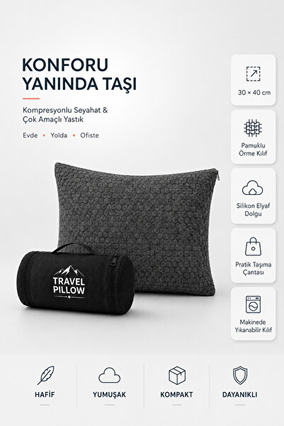 MORPHELLO Kompresyonlu Seyahat Yastığı 30x40 cm – Taşıma Çantalı, Silikon Ely...