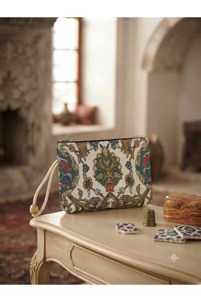Goblen Kumaş El Çantası - Osmanlı Desenli Fermuarlı Clutch Portföy Çanta 30*20 cm