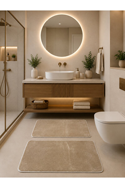 Lionhome Peluş Banyo Paspası Klozet Takımı 2'li Set Yıkanabilir Renk Bej Kaym...