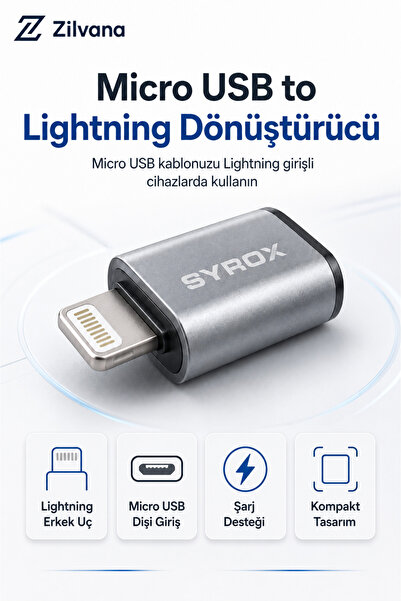 Zilvana Micro-USB Dişi to Lightning Erkek Şarj ve Veri Aktarım Dönüştürücü Ad...