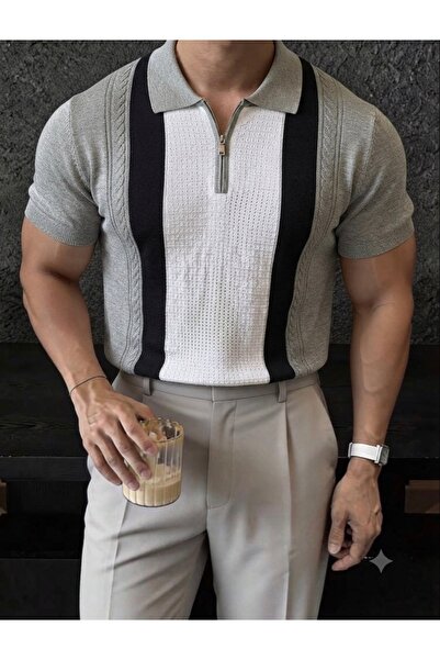 Buteks Men's Half Zipper Slim Fit Basic Classic Cut Polo Collar Knitwear T-Shirt