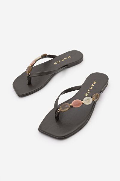 Marjin Women's Flip-Flops with Blunt Toe and Stones, Daily Slippers, Nukas Brown