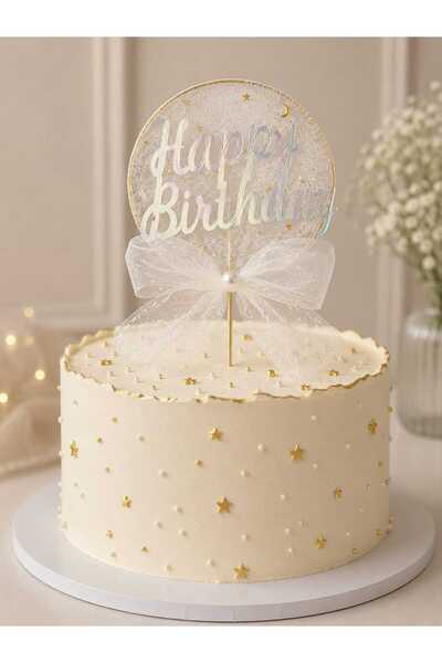 ENG PARTİ DÜNYASI Happy Birthday Beyaz Tüllü Yuvarlak Pasta Süsü – Pasta Üstü...