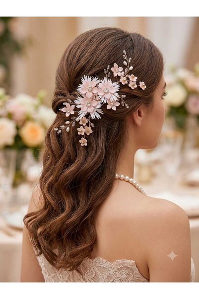 ZEYKU ACCESSORİES مشبك شعر للعروس بتصميم زهور ثلاثية الأبعاد باللون الوردي الفاتح - إكسسوار شعر مرصع باللؤلؤ وحجر الزركون لفساتين السهرة
