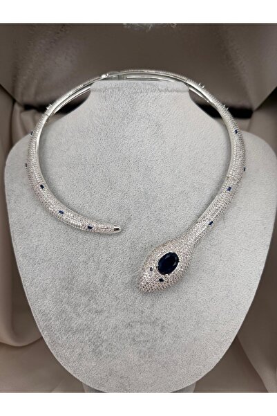 ZS Aksesuar Kadın Gümüş Renk Lacivert Zirkon Taşlı Yılan Tasarım Choker Kolye...