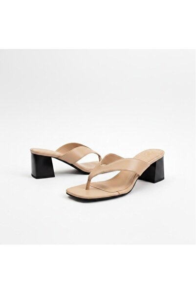 NE&VE SHOES شبشب نسائي من الجلد باللون البيج بكعب سميك
