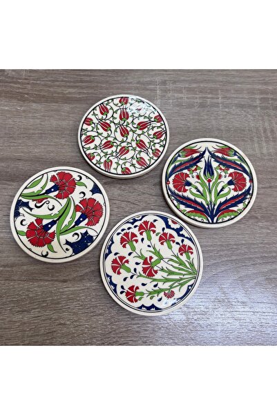 Mercan Tasarım Atölyesi Ceramic Coaster with Mixed Flower Pattern - 4 Pieces