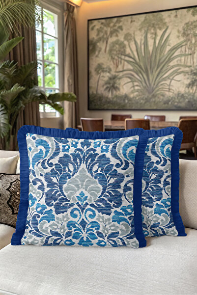Evimde Bambaşka Blue Damask Classic Stylish Patterned Fringed Pillowcase - Bo...
