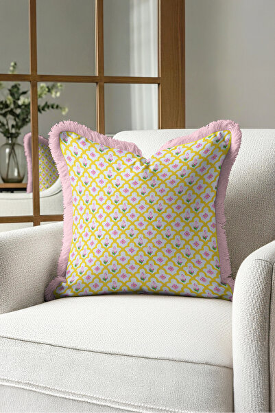 Evimde Bambaşka Floral Geometric Palace Motif Fringed Pillowcase - Oriental P...