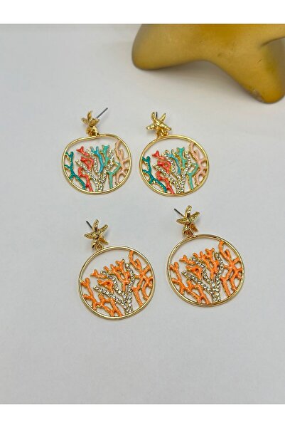 BYYEŞO Zircon Stone Coral Detail Earrings (Brass Plated) Multi-Colored