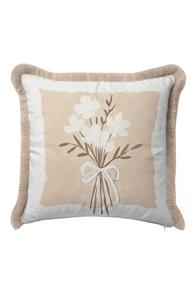 Evimde Bambaşka Floral Bouquet Modern Fringed Pillowcase - Natural Floral Bei...