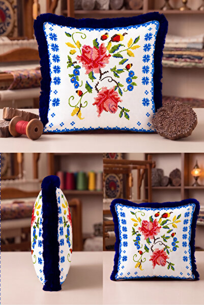 Evimde Bambaşka Cross-Stitch Look Authentic Floral Fringed Pillowcase-Ethnic ...