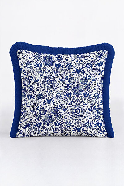 Evimde Bambaşka Tile Motif Floral Art Fringed Pillowcase - Authentic Ethnic B...