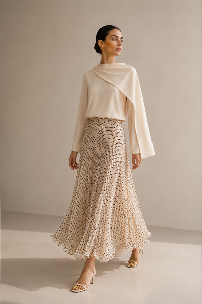 Zühre Polka Dot Pleated Vanilla Skirt with Elastic Waist 0242