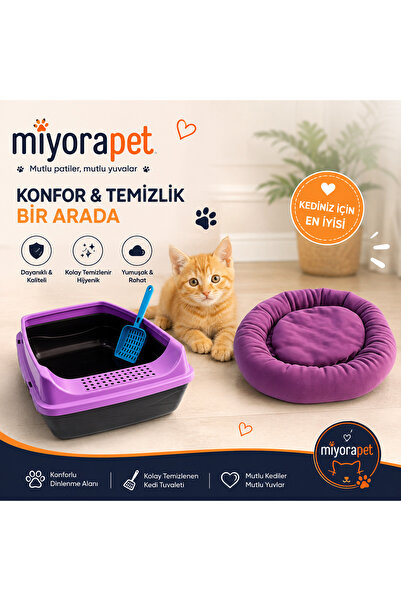 miyora Elekli Açık Kedi Tuvaleti + Peluş Kedi Yatağı + Kum Küreği