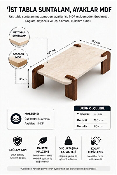 tridihome 80X120 Traverten Orta Sehpa Modern Ceviz Ayaklı Dikdörtgen Doğal Ta...