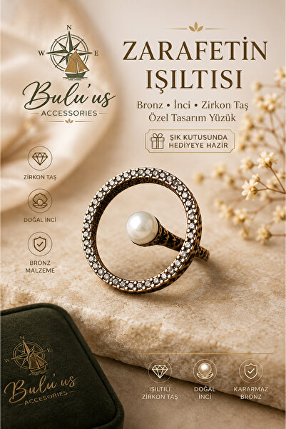 BULU'US ACCESSORIES Bulu'us Vintage Bronz İnci ve Zirkon Taşlı Tasarım Yüzük ...
