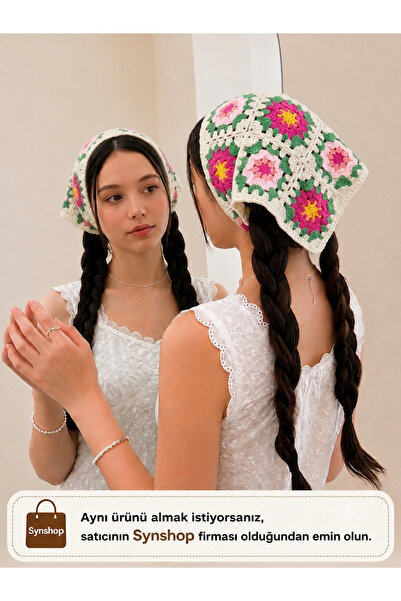 synshop Bandana triunghiulară din plasă florală, verde crem, roz, Alaçatı, be...