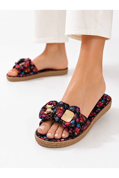 PAPUCUMUN DÜNYASI Women's Flower-Patterned Stone-Bow Detail Stylish Daily Sli...