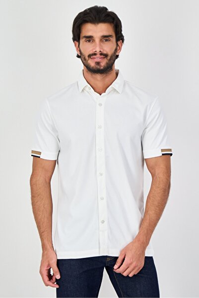 Ike Behar Men Regular Fit Short Sleeve Plain Casual Shirt, White