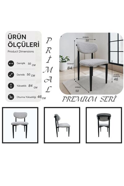 PRİMAL CONCEPT Premium Yemek Sandalyesi 4'lü Set Gümüş Beyaz Siyah Metal Ayak...