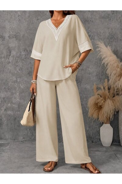 DRESSIFY WOMEN’S FASHION Γυναικείο κοντομάνικο V δαντελένιο κολάρο Aerobin μπ...