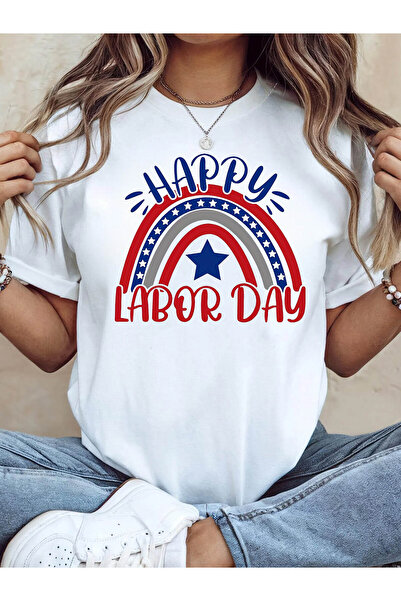 LİNA06 Happy Labor Day Rainbow Star Graphic Print Women'S Casual T-Shirt | Sp...